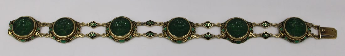 JEWELRY. 14kt Gold, Enamel, and Jade Bracelet. (1 of 5)