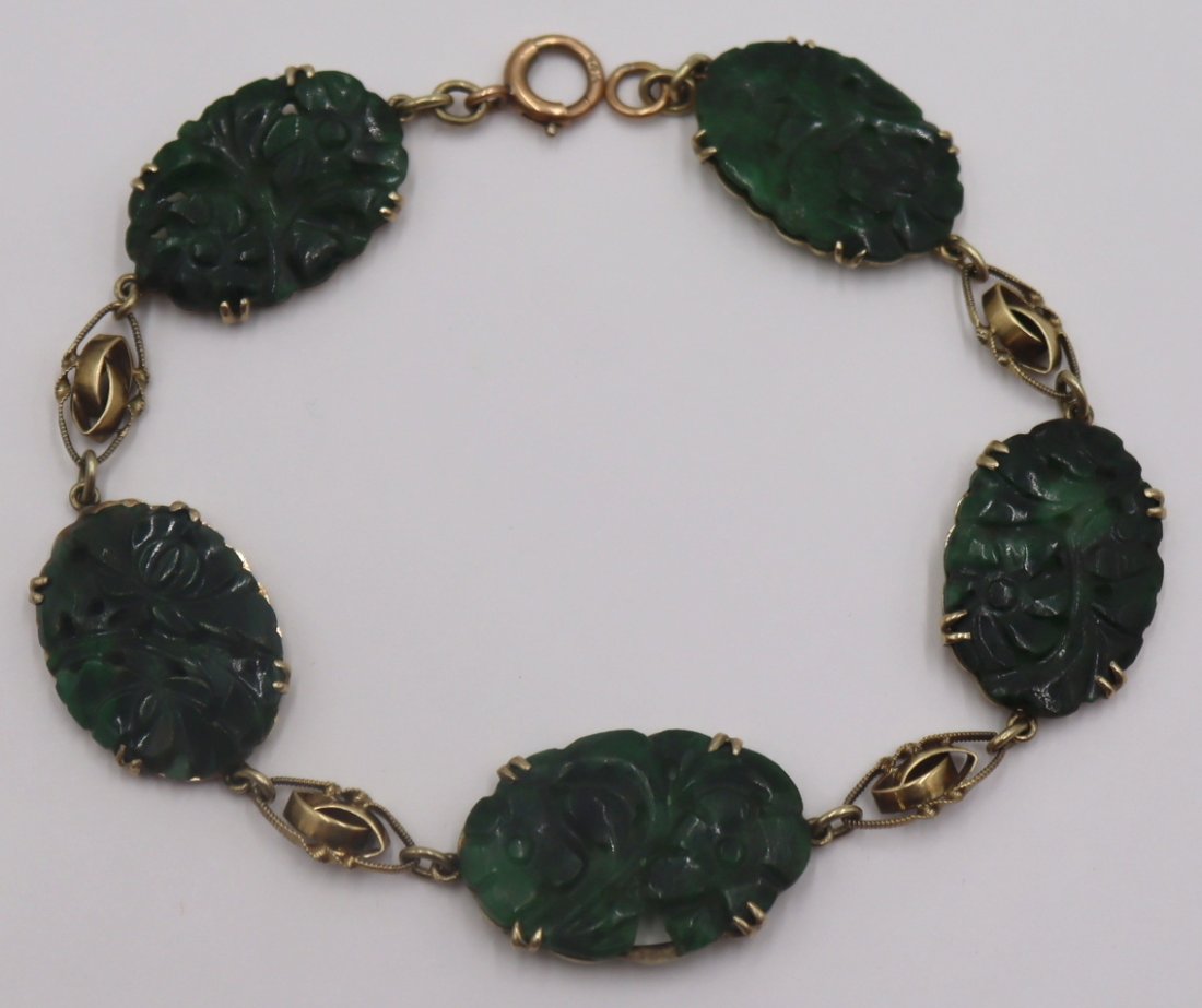JEWELRY. 14kt Gold and Carved Jade Bracelet. (1 of 8)