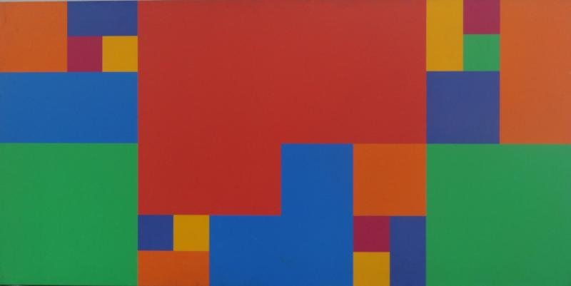 YRISARRY, Mario. 1973 Geometric Abstract O/C.: Signed, dated and inscribed verso. Mario Yrisarry, Filipino, active in New York, b.1933. From a Long Island, NY estate. Dimensions: 36" high x 72" wide. Condition: Light surface grime/staining. Surfac