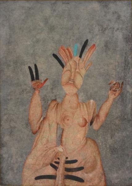 ARMODIO. Tempera on Masonite "Cantante.": Signed top center. Inscribed verso with title. Armodio, Italian, 1938-. Dimensions: 13.75" high x 9.75" wide. Condition: Good, framed behind glass, not examined out of frame.