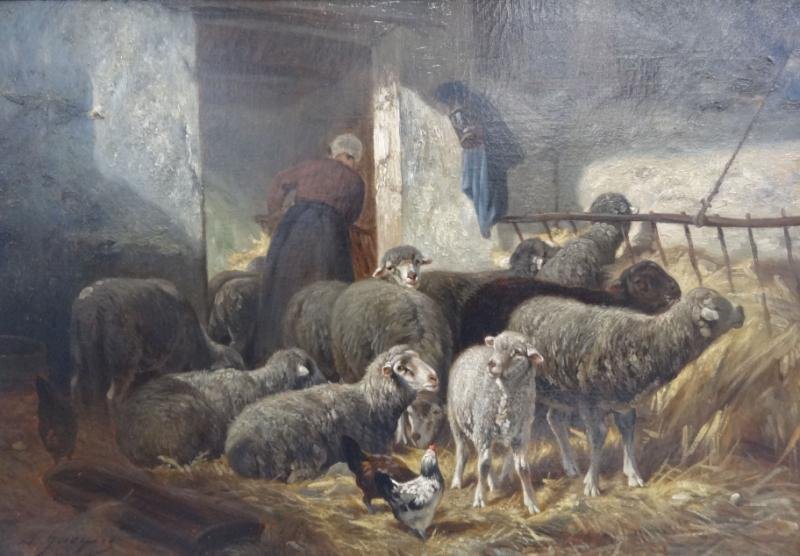 JACQUES, Charles Emil. Oil on Canvas of Sheep &: Figure in a Barn. Signed lower left. Charles Emil Jacques, French 1813 - 1894. From a Fifth Ave NYC estate. Dimensions: 24" high x 36" wide. Condition: good.
