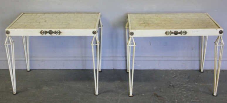 Pair of Midcentury White Painted Metal Tables.: Tables with mother of pearl tops and bronze mounting. From a Manhasset, NY location. Dimensions: 31" wide x 21" deep x 24" high Condition: Good.