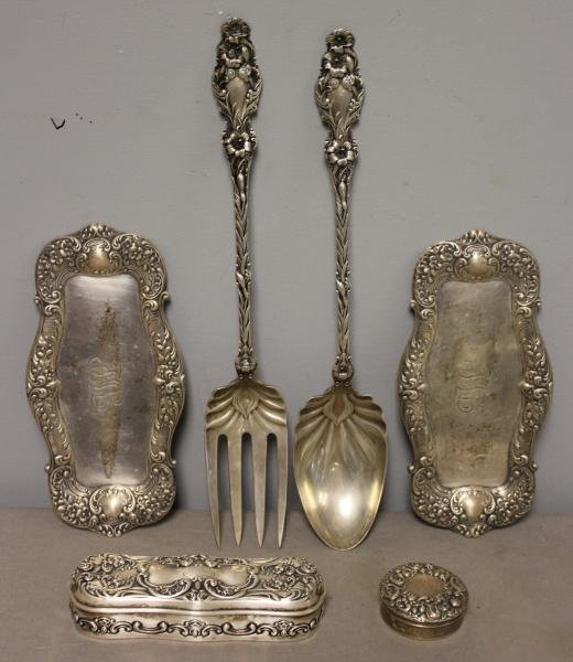 STERLING. Lot Includes a Fancy Art Nouveau Pair: of Whiting Serving Items and 4 Pieces of Gorham. Gorham lot includes 2 pin trays, a dresser box, and a small pill box with Gorham monogram. From a Yonkers, NY estate. Approx. 16.7 total troy oz. Dimen