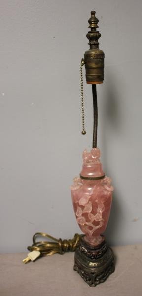 Chinese Rose Quartz Urn on Hardwood Stand.: Mounted as a lamp. From a Yonkers, NY estate. Dimensions: Urn including wood base - 8.5" high. Condition: Good.