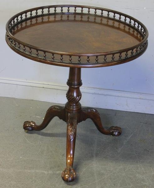 Baker. Signed Mahogany Tilt Top Table with Gallery: Raised on ball and claw feet. From an East 69th St NYC estate. Dimensions: 26.5" diameter x 29" high.