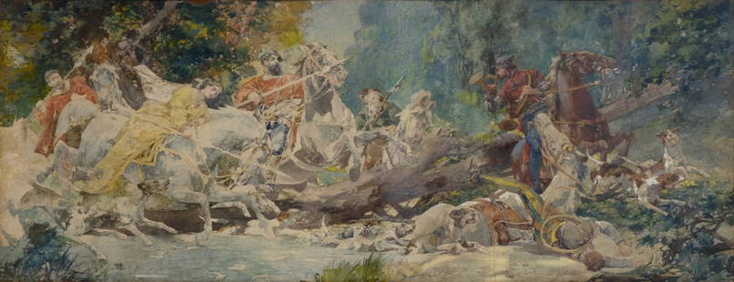 EDWARD J. HOLSLAG (AMERICAN, 1870-1924).: 'Hunt Scene'. Circa 1910. Watercolor, ink, and mixed media on paper. Apparently unsigned. Property of Cold Springs, NY estate. Dimensions: sight size: 13" h x 34" w. Frame: 22" h x 42.5