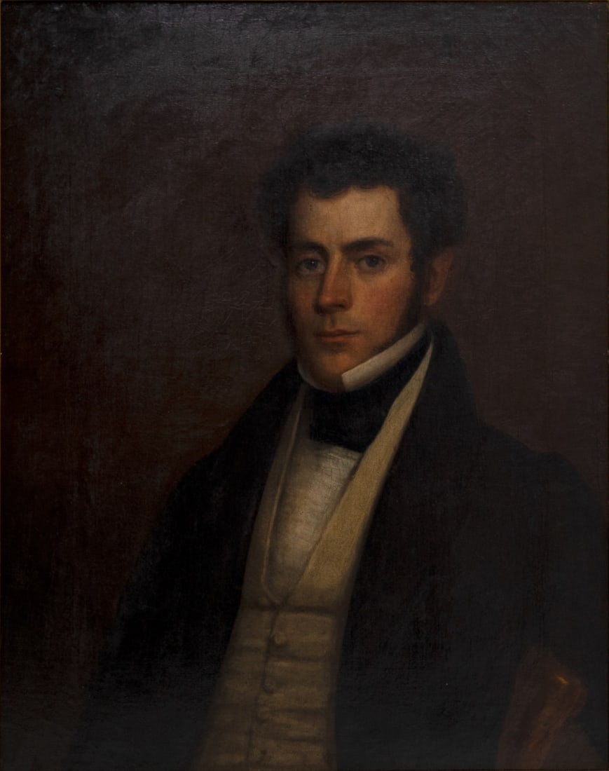 CIRCLE OF JOHN WESLEY JARVIS.: 'Portrait of a Gentleman'. Oil on canvas. Unsigned. Verso: E & A Milch Gallery, NYC label. Property of a Cold Springs, NY estate. Dimensions: 30" h x 24" w. Frame: 38.50" h x 31.50&