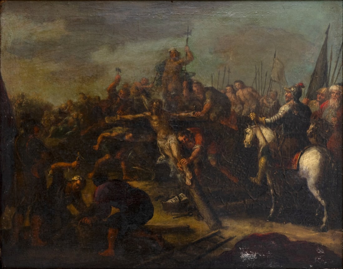 FOLLOWER OF GUILLAUME COURTOIS.: 'The Raising of the Cross'. Oil on canvas. Apparently unsigned. The property of a Mount Kisco, NY estate. Dimensions: 19.75" h x 25" w. Frame: 24.25" h x 29.25" w.