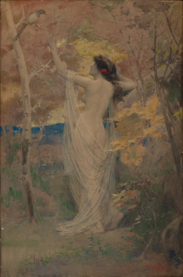 ROBERT FOWLER (SCOTTISH, 1853-1926).: 'Maiden with Bird'. Watercolor on board. Signed lower right. From a Little Neck, Long Island, NY collection. Dimensions: 29.75" h x 19.75" w. Frame: 32.25" h x 22.25" w.