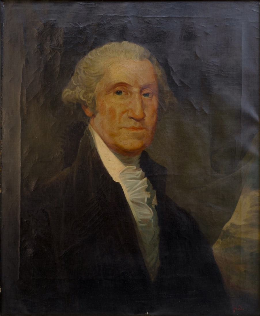 AFTER GILBERT STUART.: Portrait of George Washington. Oil on canvas. Initialed lower right. Property of a Catskill, NY estate. Dimensions: 26.25" h x 21.50" w. Framed: 30.75" h x 25.75" w.