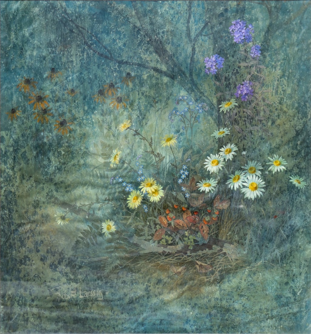 ROBERT H. LAESSIG (AMERICAN, 1913-2010).: 'Flowers'. Acrylic on linen. Signed lower left. From a Harrison, NY collection. Dimensions: Sight size: 26.75" h x 26.75" w. Frame: 34.25" h x 34.25" w.