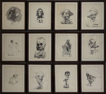 CARICATURES OF ARTISTS AND WRITERS.: AFTER DAVID LEVINE: (i) Self-Portrait, (ii) Poussin, (iii) Rembrandt, (iv) Hogarth, (v) Ingres, (vi) Elkins, (vii) Rodin, (viii) Sargent, (ix) Matisse, (x) Piccaso, (xi) Beardsley, (xii) Beerbohm. Lit