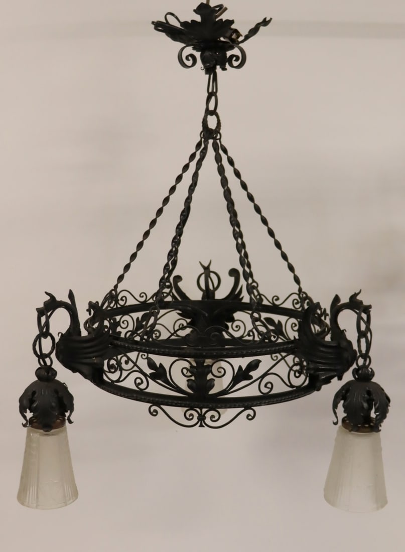 Antique Wrought Iron Chandelier With Griffins: Holding Meueller Freres Glass Shades . From a Piermont NY estate . - Dimensions: 33" x 23"