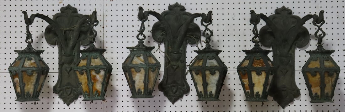 Set Of 3 Patinated Bronze & Slag Glass Sconces (1 of 12)