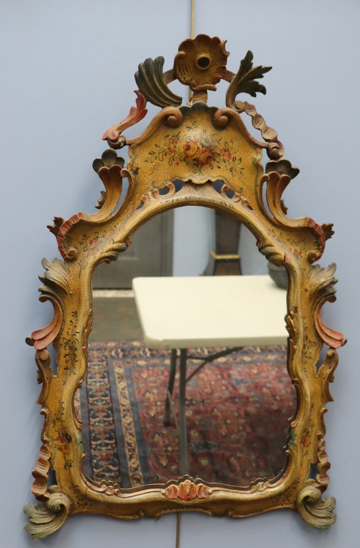 Antique Italian Carved And Paint Decorated: Mirror. From a Pelham Manor NY estate. - Dimensions: 31" x 20"