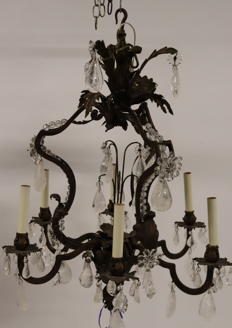 Vintage Patinated Iron And Rock Crystal Chandelier: From a Westchester NY estate . - Dimensions: 36" x 27"