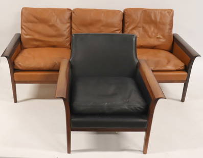 Maurice Villency Midcentury Rosewood Sofa &amp; Chair: From a Queens NY estate. Dimensions: Sofa 31&quot; x 74&quot; x 27&quot; and Chair 29&quot; x 30&quot; x 26&quot;.