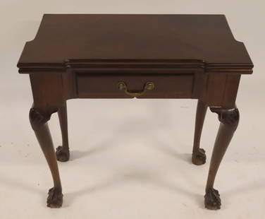 Chippendale Carved Mahogany Game Table: Nice original table with flip top, 1 drawer and felt top. From a Cold Spring NY estate. - Dimensions: 29" x 30" x 15"