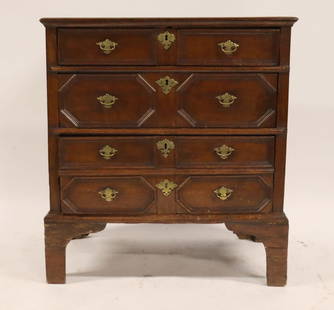 18th Century Oak Jacobean Chest.: Nicely carved with raised panel sides and raised on a nice high bracket feet. From a Cold Spring NY estate. - Dimensions: 37" x 34" x 21"