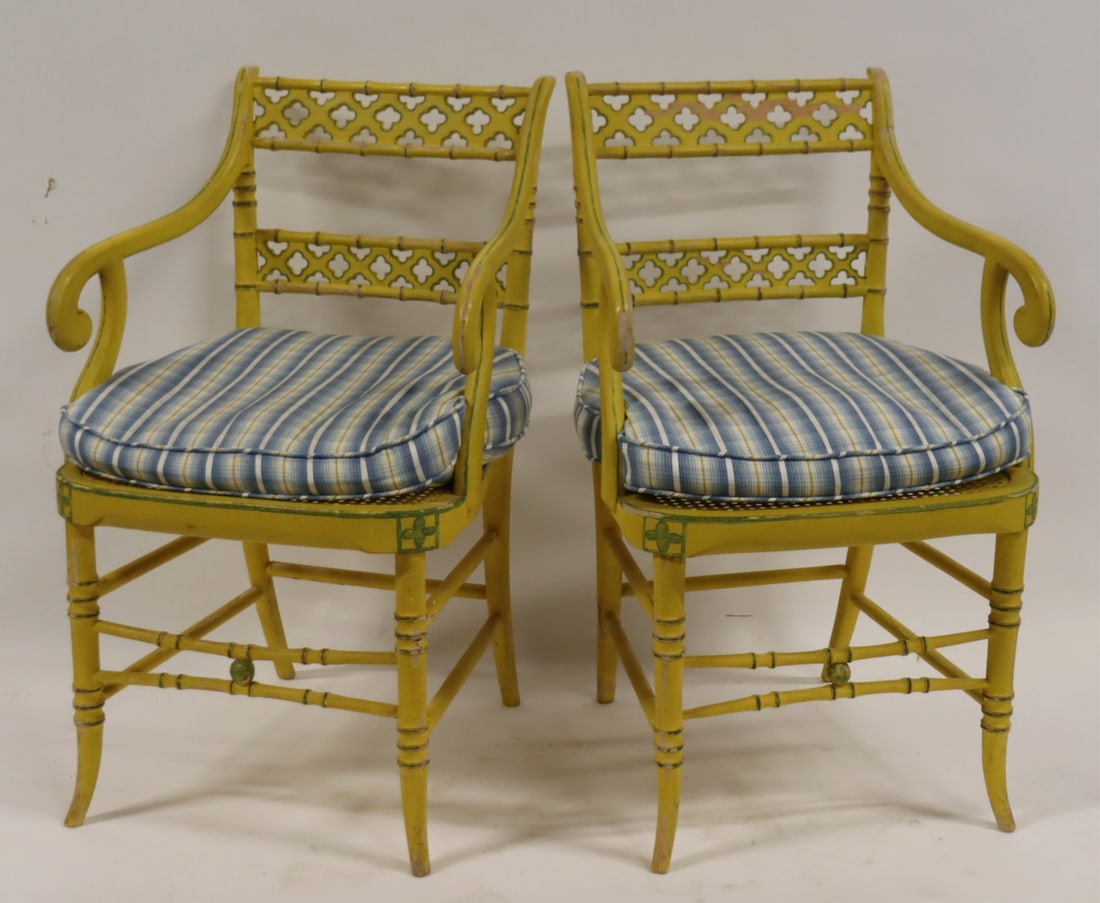 Vintage Pair Of Regency Yellow Painted Arm Chairs (1 of 5)