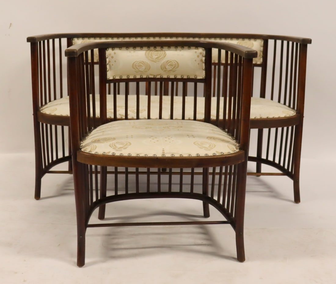 After Hoffman Slatted Settee And Chair.: Good sizes, demilune, slatted and with upholstery. Aparantly unsigned. From an east side NYC estate. - Dimensions: 29" x 47" x 18" & 29" x 24" x 18"