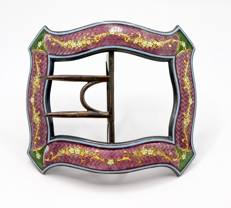 JEWELRY. Antique French .800 Silver Guilloche Belt: Buckle. A magnificently executed antique French .800 silver guilloche and enamel convex belt buckle. This belt buckle executed in .800 silver features pink and green guilloche fields, two-tone floral