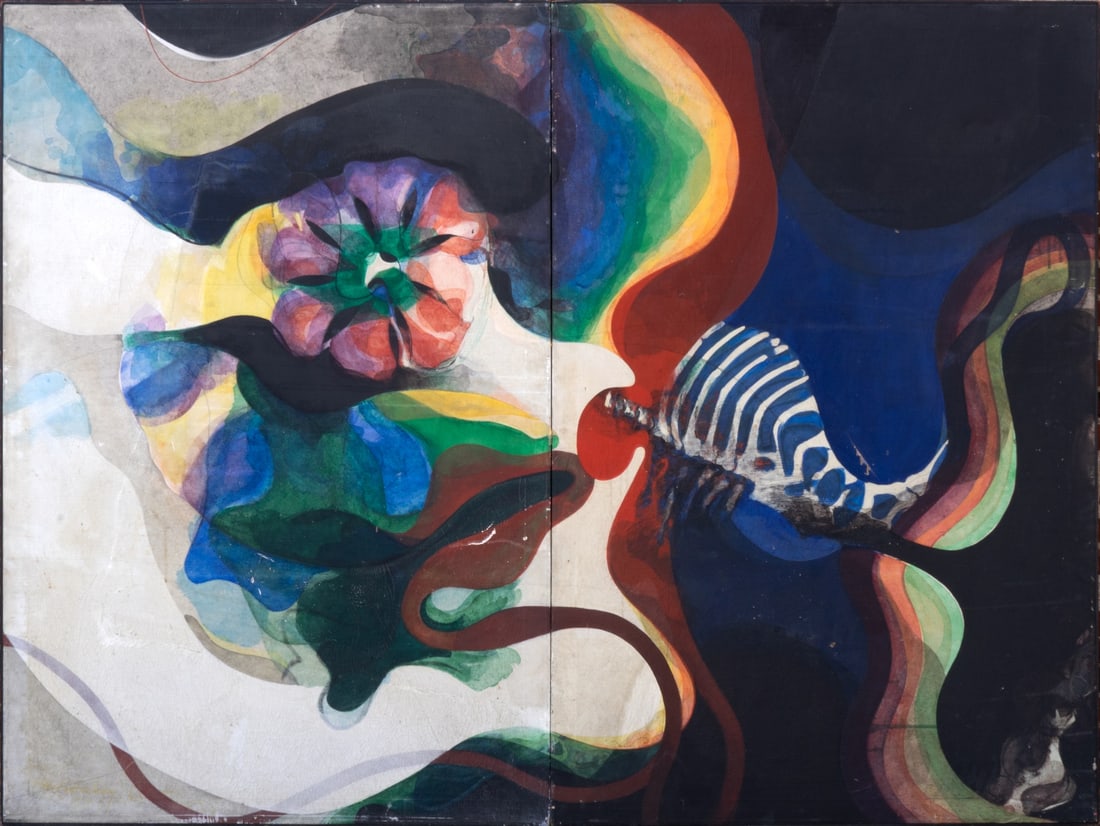 CLIFFORD LAFONTAINE (AMERICAN, 20TH CENTURY).: 'Blood, Hair, Stem Blossom (A Statement by Dr. Ochoa, 1963)', 1963-1964. Oil on canvas. Two canvas diptych. Verso: 'Addressed To MOMA', titled, dated, and signed. From a Larchmont, NY collection. - Di