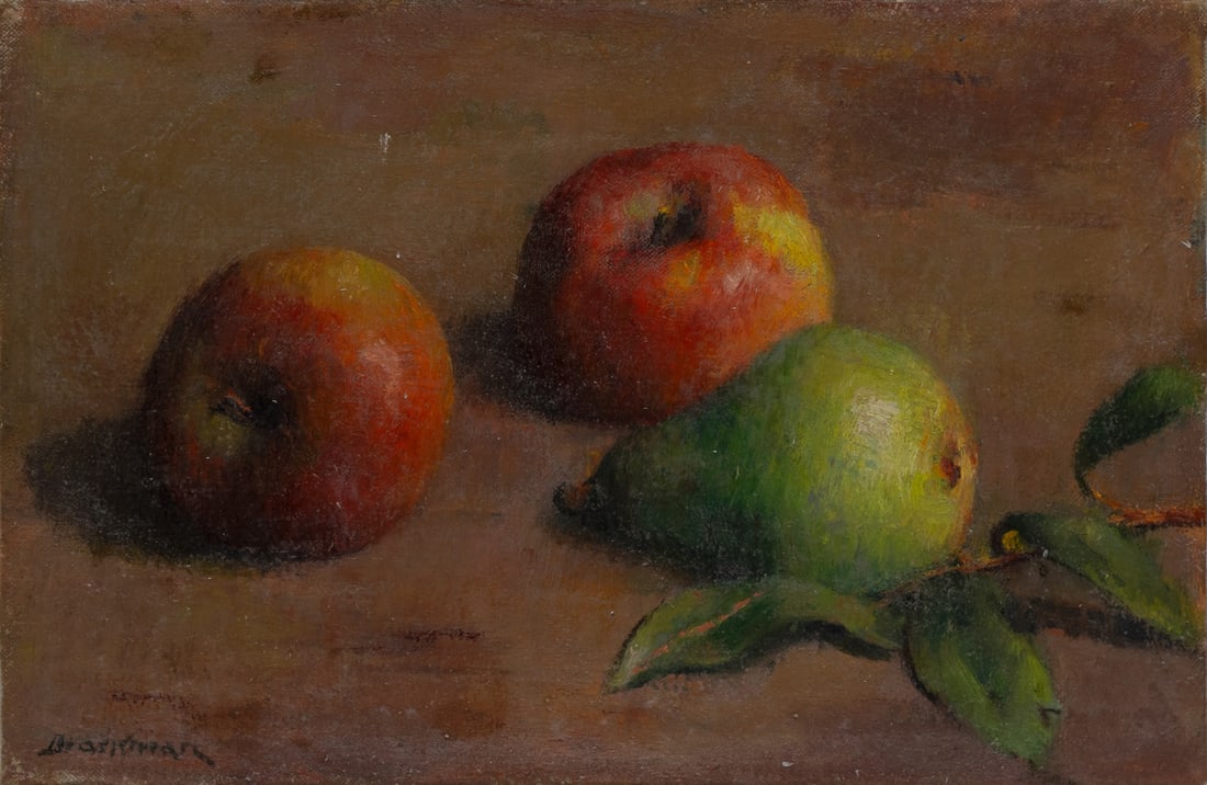 ROBERT BRACKMAN (AMERICAN, 1898-1980).: 'Study #72'. Still life with apples and a pear. Oil on canvas. Signed lower left. Verso: Inscribed with title, artist signature, and 'Norwalk, Connecticut'. From a Yonkers, NY collection. Dimensions: