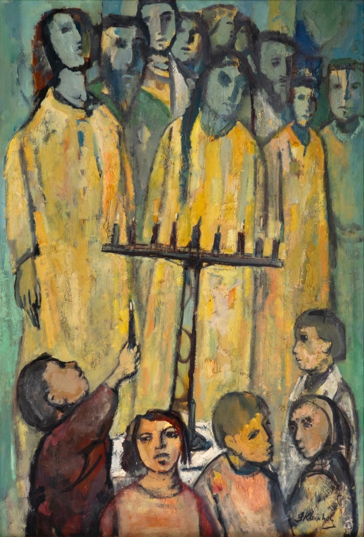 FRANK KLEINHOLZ (AMERICAN, 1901-1987).: 'Come. Let us light the Menorah'. Oil on masonite. Signed lower right. From a Stamford, CT collection. Dimensions: 44.5" h x 30.5" w. Frame: 54.5" h x 40.25" w.