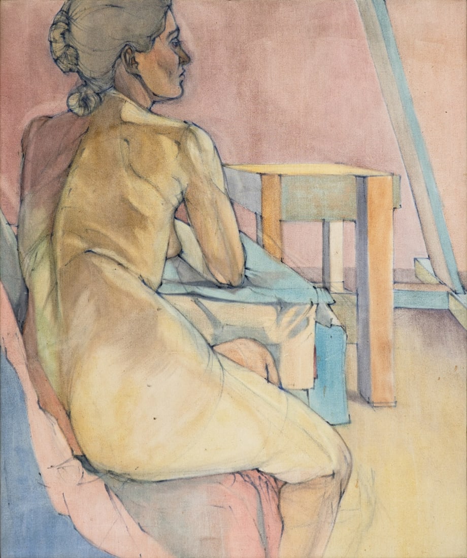 CIRCLE OF NEIL G. WELLIVER.: 'Study of a Nude Female in a Studio', 1976. Mixed media on canvas. Verso: Inscribed artist, year, size, and 'Midtown Gallery' in black marker. Property from a Manhattan, NYC estate. Dimensions: 36&quo