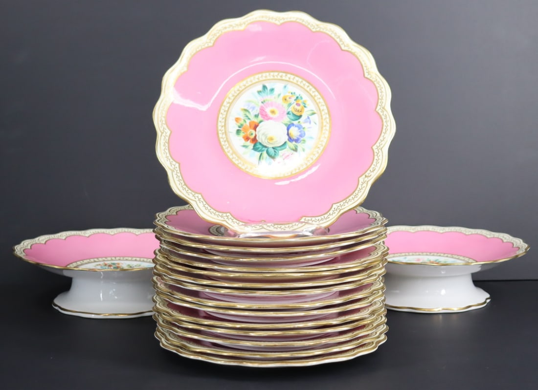 Spode (?) Pink Ground Porcelain Dessert Set. (1 of 6)