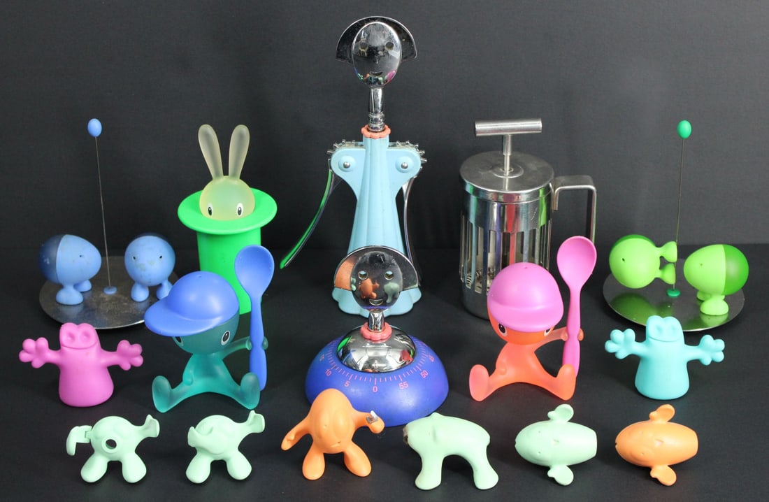Collection of Signed Tablewares Inc. Alessi.: Includes a French press missing its glass insert; (2) Cico egg cups; a Magic Bunny toothpick holder; an Anna G. kitchen timer; an Anna G. corkscrew; (2) magnetic Lilliput salt and pepper sets; (2) Car