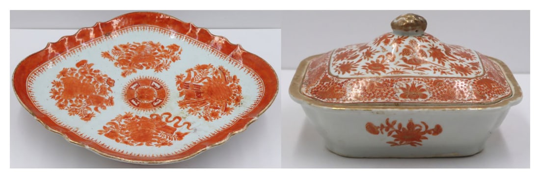 Chinese Iron Red Porcelains Grouping.: Includes a Chinese iron red enamel decorated pedestal base lozenge form serving disdh with gilt decoration; and a Chinese iron red enamel decorated lidded tureen displaying birds and flowers, and gilt