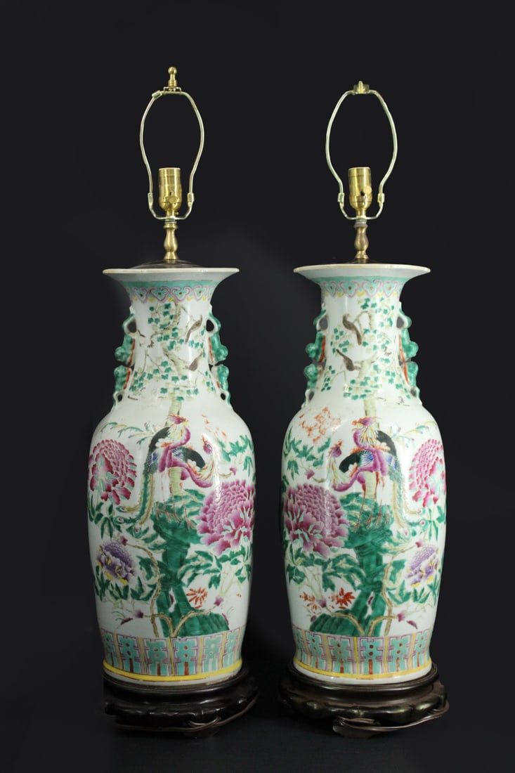 Pair of Large Chinese Famille Rose Vases as Lamps. (1 of 9)
