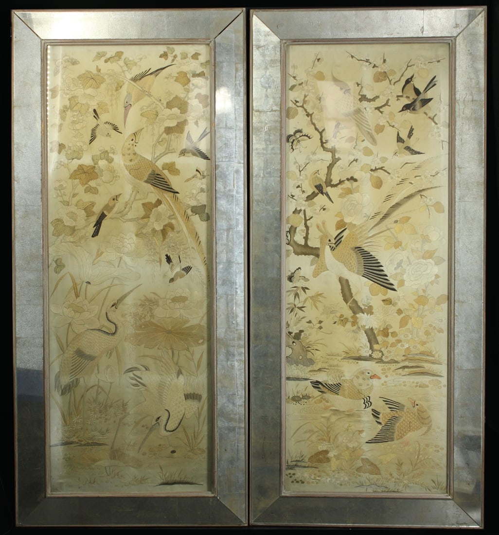 Pair of Chinese 'Birds and Flowers' Embroidered (1 of 9)