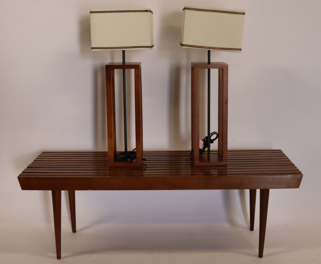 Midcentury Slatted Bench With A Pair Of Lamps. (1 of 5)