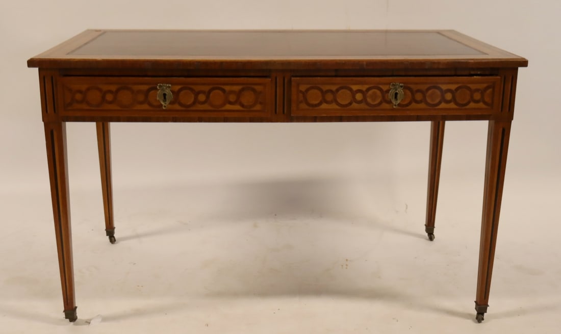 Antique French 2 Drawer Inlaid Leathertop Desk.: From a Sutton Place, NYC estate. - Dimensions: 28" h x 46" w x 25" d.