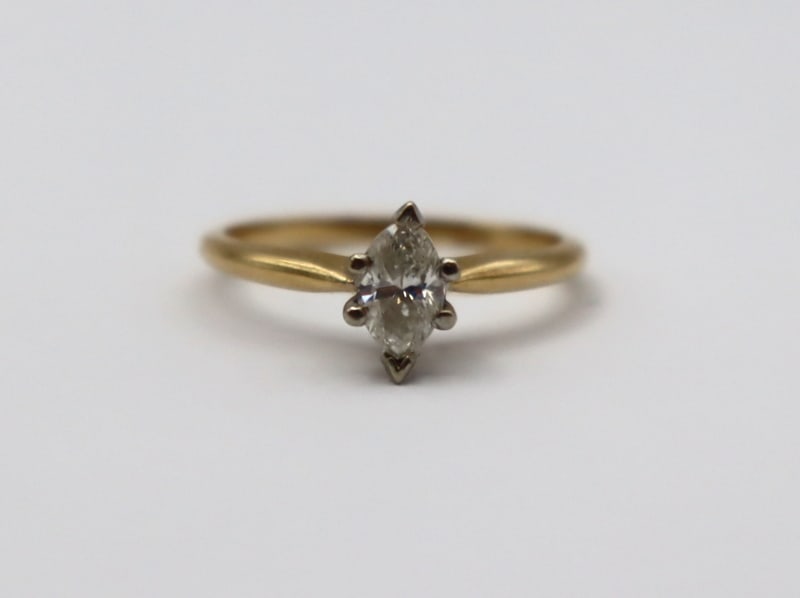 Jewelry. 14kt Gold Marquise Solitaire Diamond Ring (1 of 5)