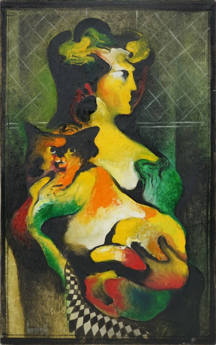 LEANDRO VELASCO (COLOMBIAN, 1933-2023).: 'Holding Dotti (#183)'. Oil on canvas. Signed lower left. Verso: Titled, signed, size, and copyright. From a White Plains, NY collection. Dimensions: 20" h x 32" w. (unframed).