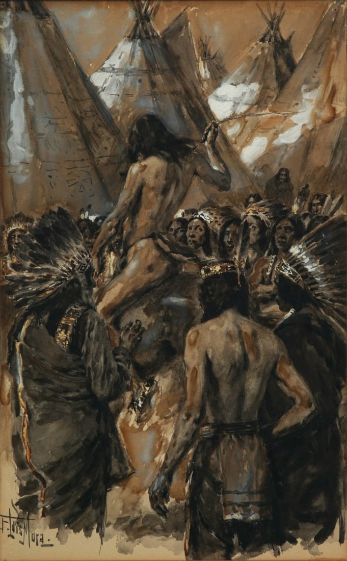 FRANCIS LUIS MORA (URUGUAYAN/AMERICAN, 1874-1940).: 'Indian Chiefs Surrounding a Brave on a Horse'. Watercolor and mixed media on paper. Signed lower left. Property of a Larchmont, NY collection. Dimensions: Sight Size: 15" h x 9.25" w. Frame
