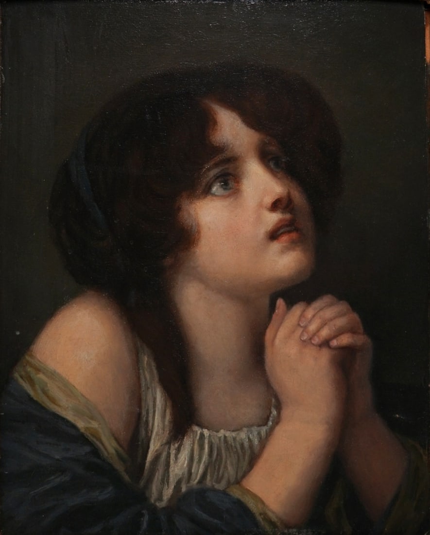 FOLLOWER OF JEAN-BAPTISTE GREUZE.: 'Girl Praying'. Oil on panel. Apparently unsigned. From a Garden City, Long Island, NY estate. Dimensions: 16" h x 12.50" w. Frame: 22.25" h x 19.25" w.