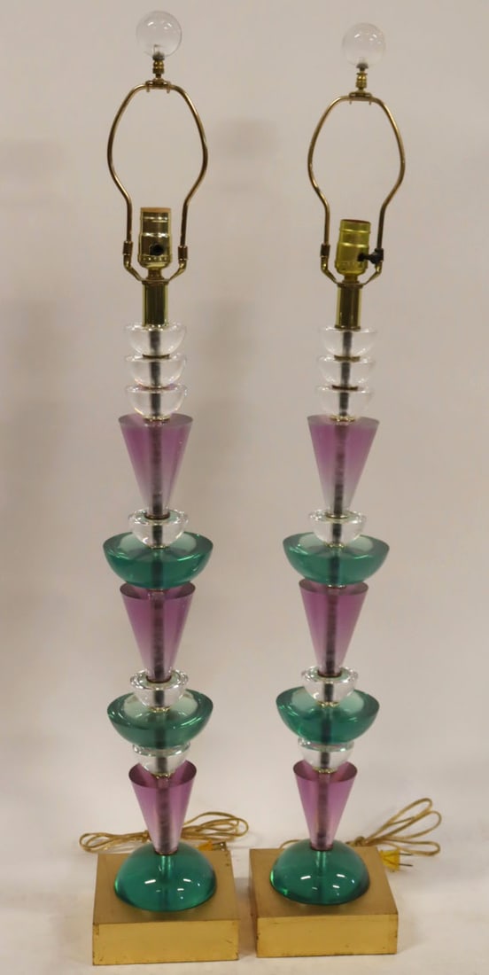 Pair Of Hivo Van Teal Plexiglass Lamps: Nice colors and a large pair. From a Queens, NY estate. - Dimensions: To finial 38" h.