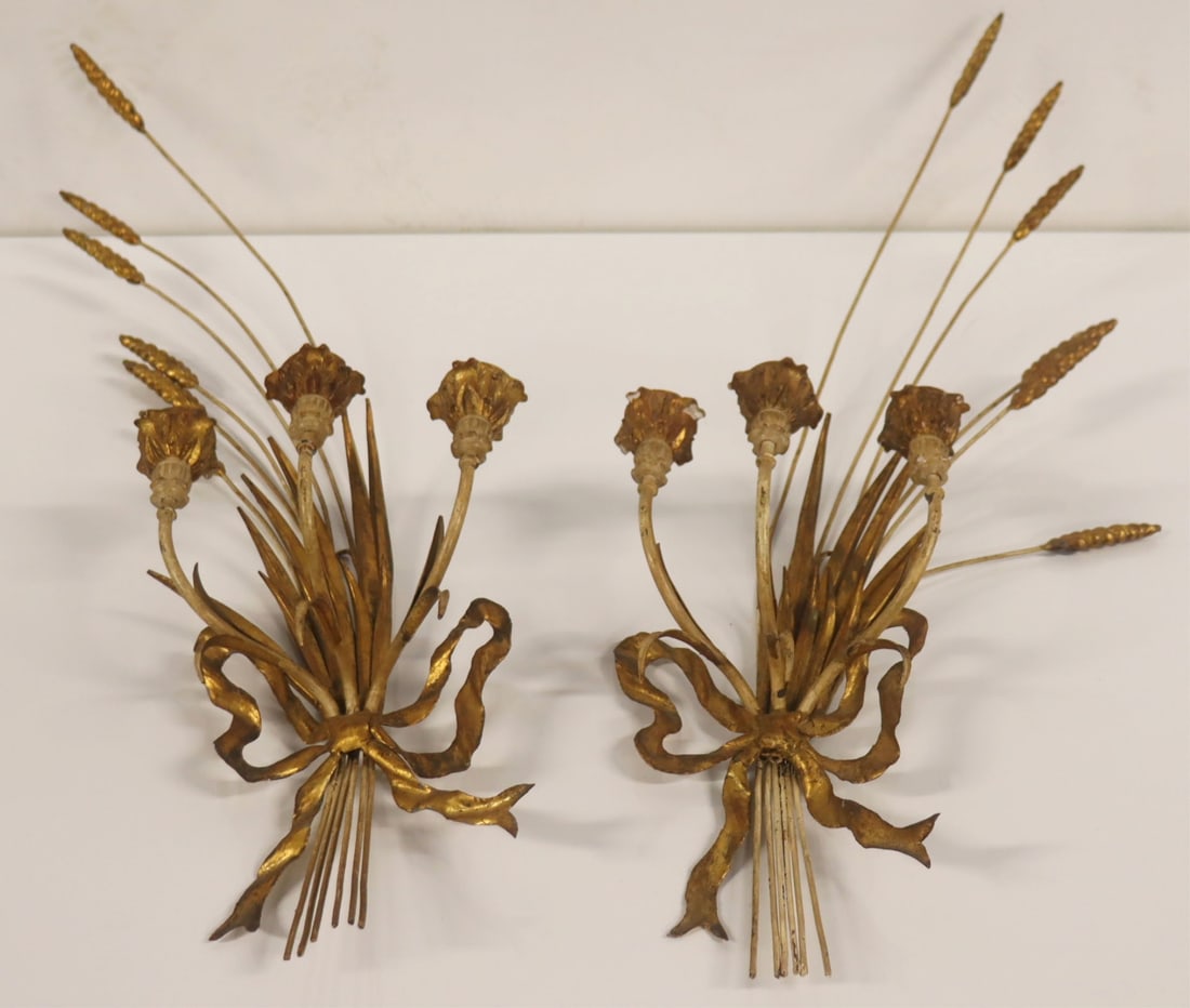 A Pair of Three Light Sheaf of Wheat Sconces: With painted and gilded metal and composition candle cups. 31" tall, 10" wide.