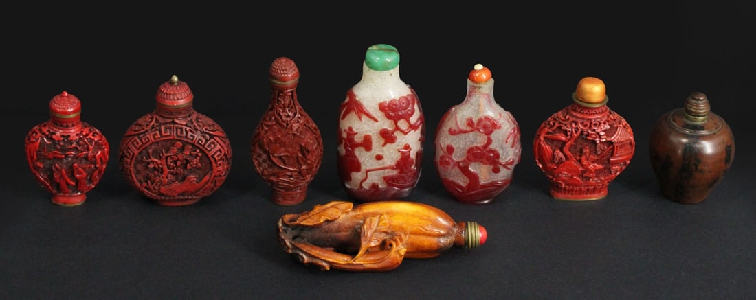 (8) Chinese Wood and Glass Snuff Bottles. (1 of 13)