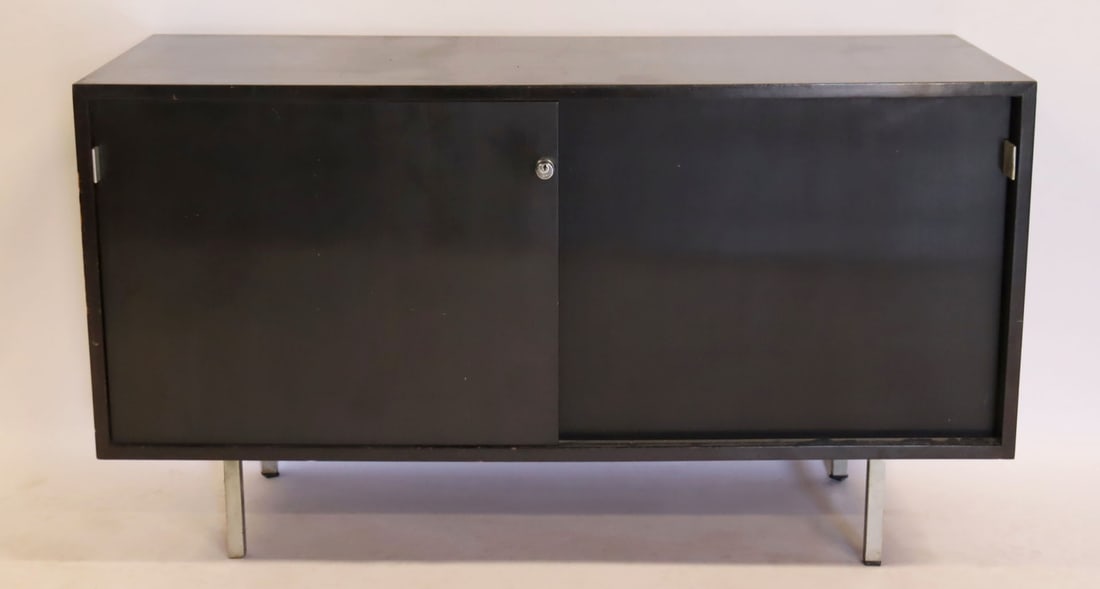 Midcentury Knoll Ebonised Sliding Door Cabinet: From an East 89th St, NYC estate. - Dimensions: 27" h x 48" w x 18" d.