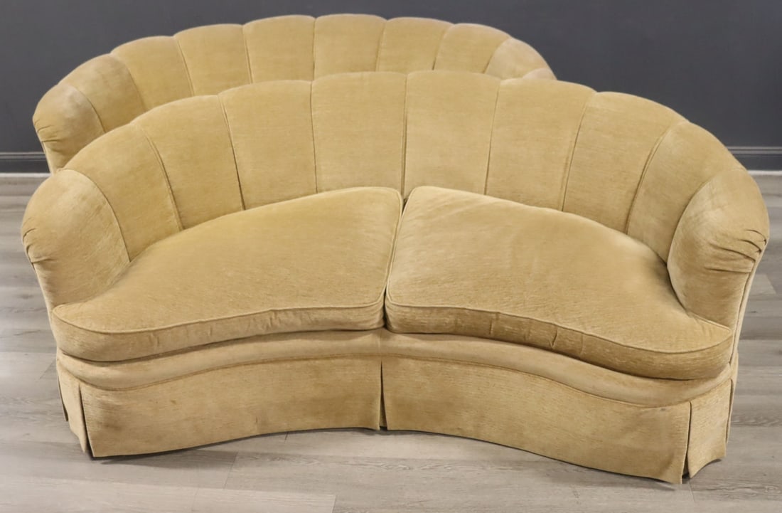 Heirlooms Signed Pr Upholstered Demilune Settees: Nice quality, comfy, with velour style fabric. From a Sutton Place, NYC estate. - Dimensions: 79" x 32" x 49"