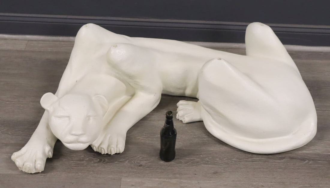 Vintage Fiberglass / Compo Panther Coffee Table.: Well executed and good large size with a glass top. From a New Jersey estate. Dimensions: Panther: 14.5" h x 39" w and Glass 51" x 30".