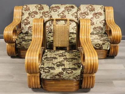 Midcentury After Paul Frankl Bamboo Set.: To include a 3 piece settee and a club chair. From a Stamford, CT estate. Dimensions: Settee: 33" h x 80" w x 37" d and Chair: 33" h x 34" w x 37" d.