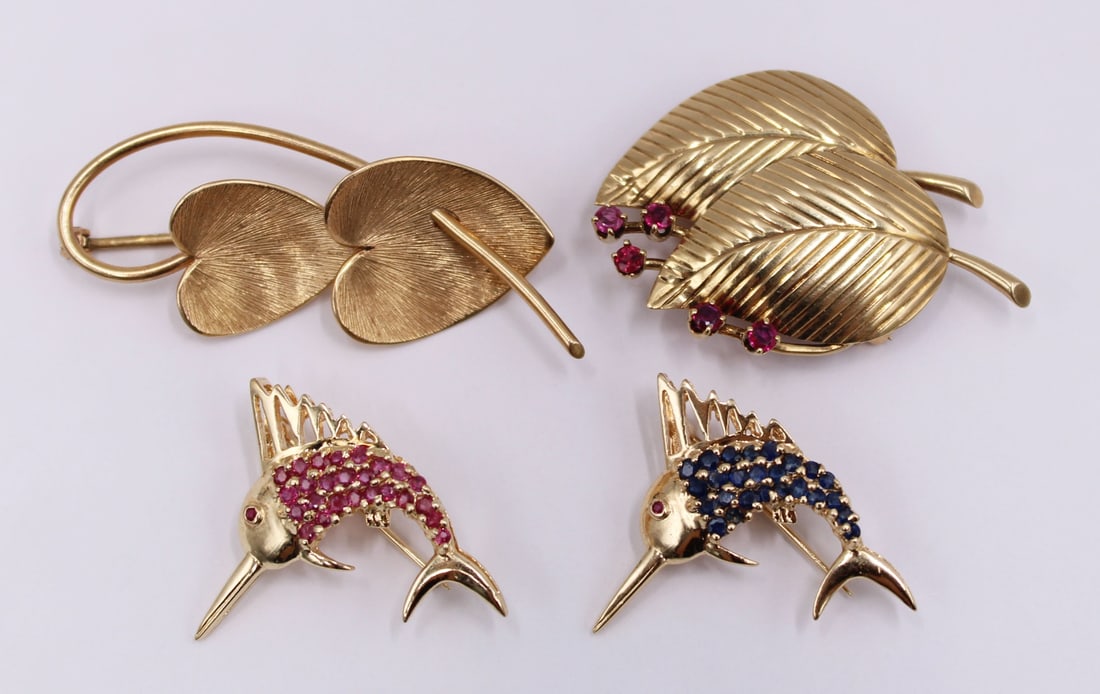 JEWELRY. (4) 14k Gold and Gem Brooches. (1 of 14)