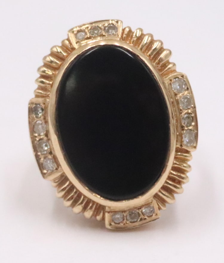 JEWELRY. 14kt Gold Onyx and Diamond Cocktail Ring. (1 of 8)